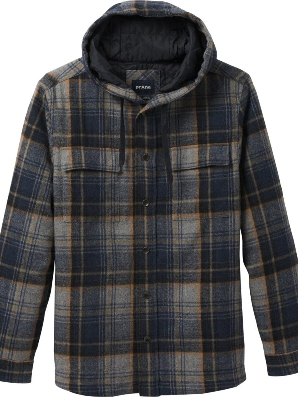 prAna Hooded Flannel Shirt Jacket Shacket Blue Brown Plaid XL Wool Cabin Outdoor